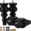 Btowin 9 inch Solid Wood Furniture Legs, 4Pcs Large Turned Black Wooden Bun Feet with Threaded M8 Hanger Bolts & Mounting Plate & Screws for Sofa Couch Ottoman TV Stand Bed