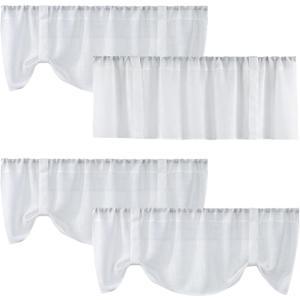 Home Queen White Semi Sheer Tie Up Curtain Valances, Linen Textured, Rod Pocket Balloon Window Topper for Living Room, 54 X 20 Inch, 4 Pieces