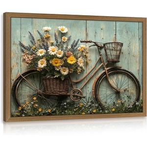 Clicyre Vintage Bicycle Daisy Wall Art, Rustic Floral Wall Decor, Rustic Farmhouse Wildflower Canvas Print for Living Room Bedroom Kitchen Bathroom Wood Framed 12x16 Inch