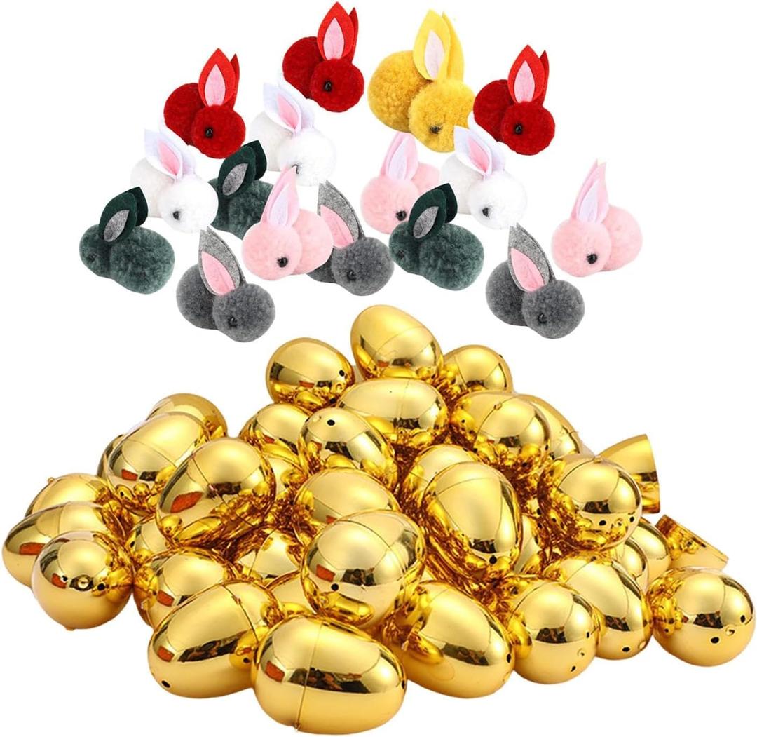 Golden Easter Eggs Empty Easter Eggs Toys Fillable Game Eggs Basket Stuffers with Rabbits for Hunt Easter Party Supplies, 60pcs