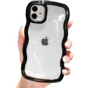 Compatible for iPhone 16 Case Cute Girly Clear Curly Wave Frame Shape for iPhone 16 Phone Case Wavy Shockproof Protective Phone Cover for Women Girls Phone Cases Clear Design, Black