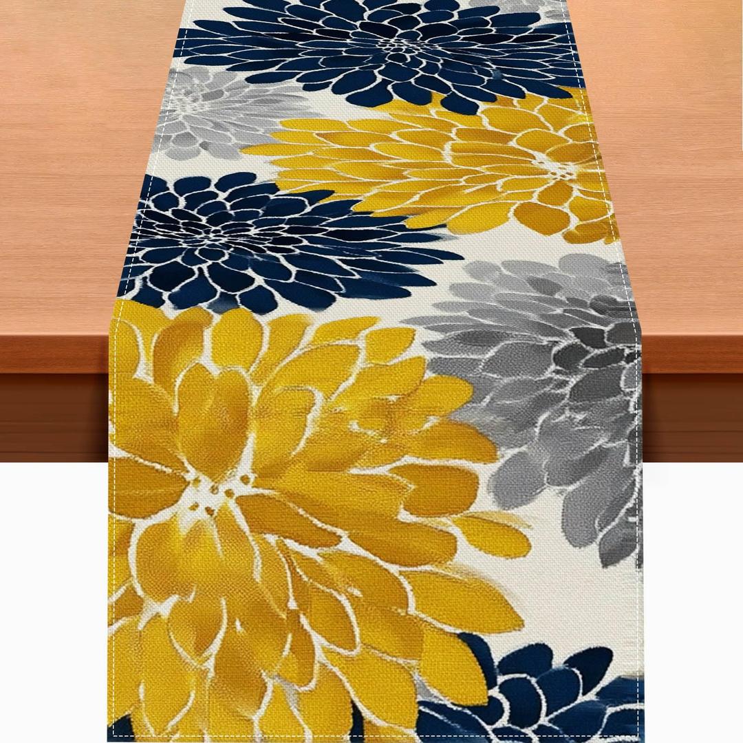 HOMETITUTE Farmhouse Table Runner 13x72 Inch Burlap Table Decor with Blue Gray Floral Abstract Pattern Rustic Burlap Table Runner for Dining Kitchen Home