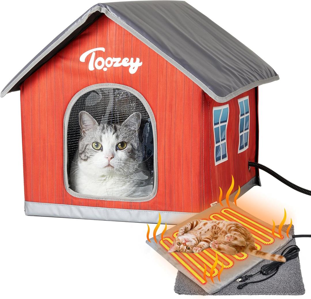 Toozey Heated Outdoor Cat House with Insulated Aluminum, 100% Waterproof Weatherproof with 2 Mat, Sturdy Safe Large Feral Shelter for Winter Indoor Outside with Thermostatic Pet Heating Pad, (Red, M)