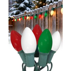 25Ft Red White and Green Christmas Lights,C9 Outdoor Christmas Lights with 26 Incandescent Bulbs(1 Spare),Extendable C9 String Lights Green Wire for Tree Xmas Roofline
