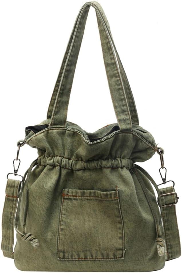 Hzxsny Denim Shoulder Bag for Women Canvas Tote Bag Crossbody Bag Aesthetic Large Denim Messenger Bag Hobo Handbags with Drawstring, Green
