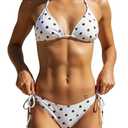 White Polka Dot Bikini Set - 2 Piece Swimsuit String Triangle Halter Cute Bikini - Women Swimwear Removable Padding, Small