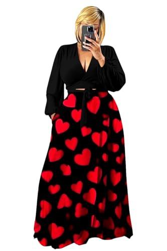 Plus Size Women's 2 Piece Outfits Printed Casual Long Sleeve Wrap Crop Top Maxi Long Dress Flowy Matching Sets, 3XL