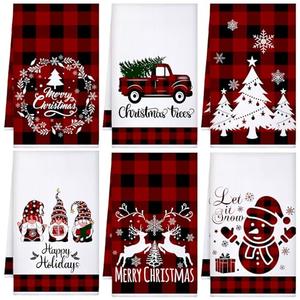 Sratte 3 Pcs Christmas Kitchen Towels Red Black Buffalo Plaid Tea Dishtowels Absorbent Winter Gnome Truck Snowman Bathroom Hand Towels for Xmas Kitchen Bathroom Decoration Farmhouse Housewarming Gift