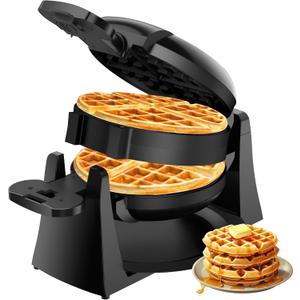 Waffle Maker, 1400W Double Belgian Waffle Iron 180 Flip, 8 Slices, Rotating & Nonstick Plates, Removable Drip Tray for Easy Cleaning, Cool Touch Handles, Space Saving Storage, Black