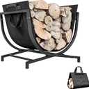 Outsunny 17 Inch Folding Firewood Rack Outdoor Indoor Firewood Holder with Canvas Carrier, Portable Log Rack with Handles, Heavy Duty Wood Storage Holder for Fireplace, Black
