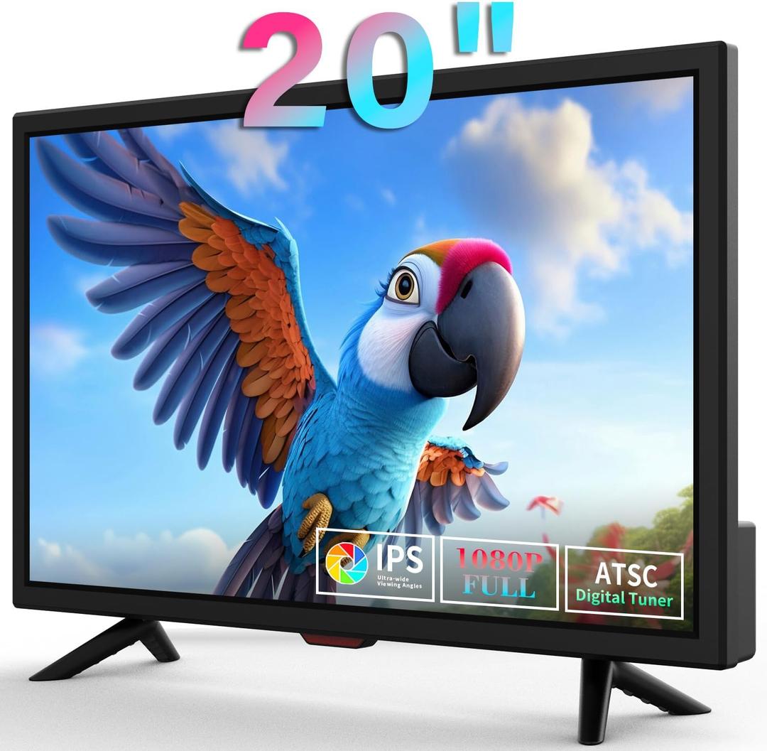 TV 20 inch,Small Kitchen Flat Screen TV with Headphones Port,HDMI,USB and VGA Ports,DV-12V Cable & AC Adapter for use in Your Bedroom & Caravan (Full View Television)