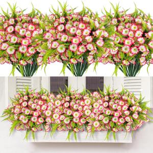 Artificial Flowers for Outdoors 12 Bundles Pink Artificial Petunias Fake Flowers UV Resistant Shrubs Plants with Fern for Indoor Outside Hanging Planters Home Garden Spring Decorations