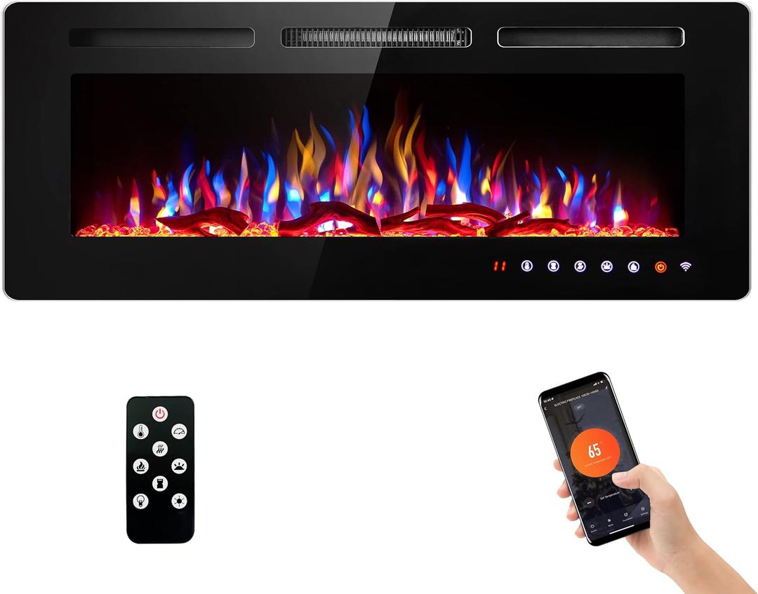 50" Electric Fireplace with Wi-Fi/Remote Control Wall Mounted and Recessed, Low Noise Fireplace with Timer, Touch Screen, Adjustable Flame Color and Speed, 750W/1500W, Log Set & Crystal
