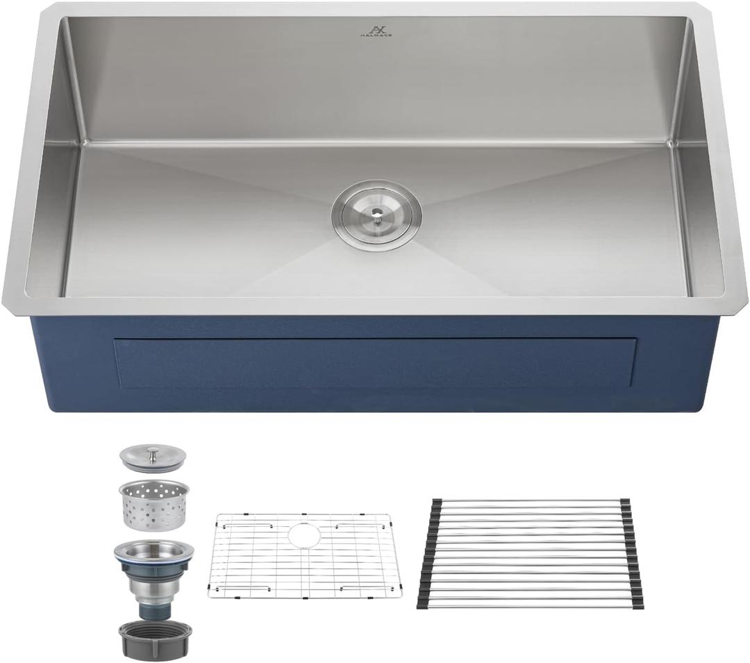 33 Inch Undermount Kitchen Sink Single Bowl,304 Stainless Steel Kitchen Sink, Include Dish-DryingRoll-up Rack Accessories, (Undermount Single Bowl, 33Inch Silver), 33 inch x 19 inch x 10 inch