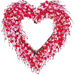Valentines Day Wreath, 17in Valentines Wreaths for Front Door Outside, Valentines Day Heart Wreath Decorations Decor Outdoor Indoor with Red and Pink Forsythia Heart-Shaped Wooden Sign