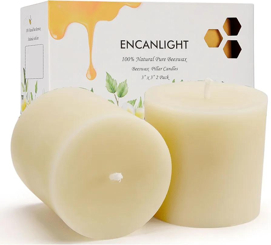 3x3 Inch Pure White Natural Bee Waxs Candles Set of 2,70-95 Hour Long Bees Candles Burning,Unscented Smokeless and Dripless for Home Decor,Wedding, Dinner,Gifts, Ivory