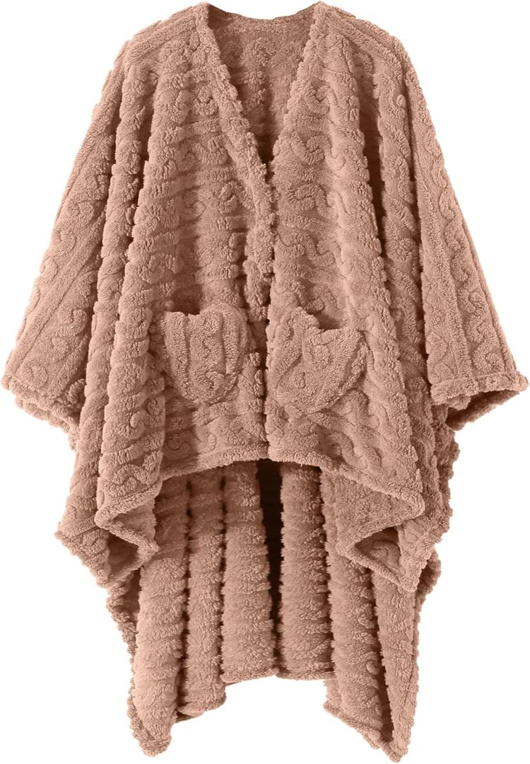 Wearable Blanket Poncho Cape Wrap for Adult, Cozy Sherpa Fleece Pocketed Shawl TV Throw Blankets for Office and Lounge(Blush, 58'' x 64'')