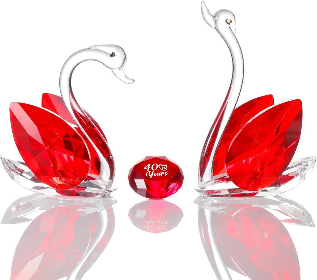 YWHL Happy 40th Anniversary Crystal Swan Gifts for Couples, 40 Years Ruby Wedding Gifts for Parents, Handmade Ruby Red Crystal Swan Collectible Figurine, Anniversary Party Decoration