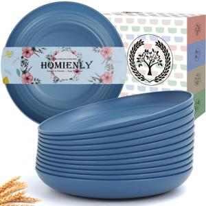 Homienly Deep Dinner Set of 12 - Alternative for Plastic, Microwave and Dishwasher Safe Wheat Straw Plates for Kitchen, Unbreakable Kids (Blue, 9 Inch)