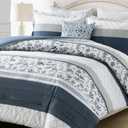 Finlonte Navy Comforter Set King Size - Cotton Boho Blue Striped Pleated Bedding Set, Floral Pattern Soft Duvet Insert, Skin Friendly Reversible Comforters with 2 Pillowshams, Navy Blue/White