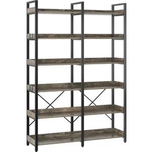 Seventable Bookshelf 6 Tier with 4 Hooks67Industrial Wooden Bookcase, Vintage Storage Rack with Open Shelves, Rustic Standing Bookshelves Metal Frame 43.3 Wide Display Rack, Gray (Grey)