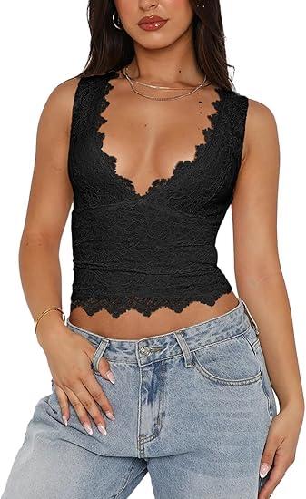 REORIA Womens Sexy V-Neck Sleeveless Double Lined Going Out Y2K Trendy Lace Cropped Tank Tops XL