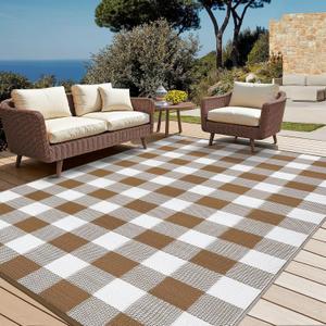 COZYLOOM Plastic Straw Rug Waterproof 9x12 Outdoor Rug Modern Geometric Patio Rug Indoor Outdoor Large Throw Carpet Reversible Camping Mat for Rv Baclony Picnic Backyard Deck Porch Beach, Brown