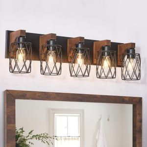 5-Light Farmhouse Bathroom Vanity Light, Wood Bathroom Lighting Fixtures Over Mirror, Black Bathroom Light Fixtures with Cage Metal Shade, Rustic Vanity Light for Bathroom, Hallway