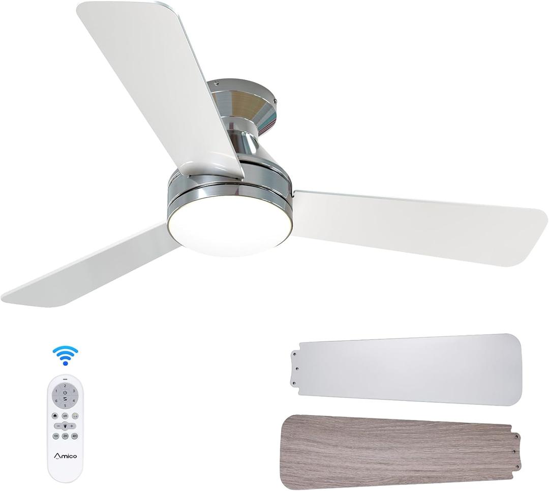 Amico Ceiling Fans with Lights, 42 inch Low Profile Ceiling Fan with Light and Remote Control, Flush Mount, Reversible, 3CCT, Dimmable, Noiseless, Nickel Ceiling Fan for Bedroom, Indoor/Outdoor Use