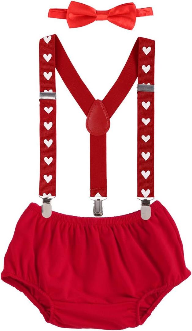 IMEKIS Baby Boys 1st Birthday Cake Smash Outfit Suspenders Bowtie Shorts Sets Cupid Photo Shoot (3-24 Months, # Red)