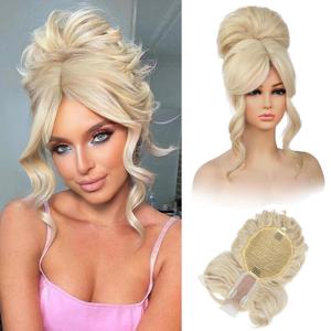 REECHO Messy Bun Hair Piece with Bangs  2-in-1 Drawstring Ponytail Extension Updo Wig & Hair Topper with Long Side Bangs, Natural-Looking Hair Bun Hairpieces for Women - Light Blonde