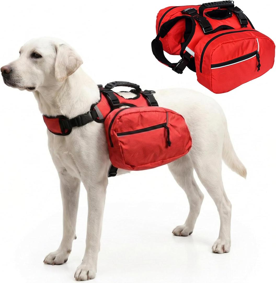 Dog Backpack for Day Hiking, Lightweight 2-in-1 Detachable Saddle Bag with Breathable Harness Vest, No-Flop Dog Daypack for Medium & Large Dogs to Carry Essentials (Large)