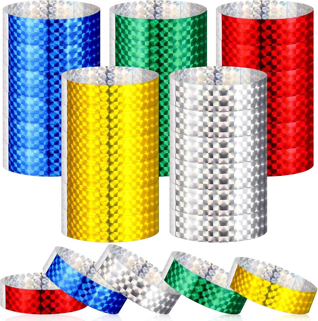 500 Pack Holographic Party Wristbands Assorted Colores Buckle Wristbands for Events Paper Bracelets Club Party(Gold, Red, Silver, Blue, Green)
