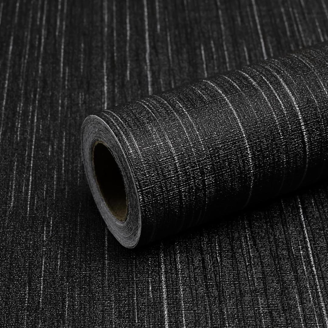 2 x Black Grasscloth Peel and Stick Wallpaper - 15.7"x120" Vintage Texture Removable Waterproof Wall Paper for Room Walls, Cabinets, Furniture, Drawers, Desk