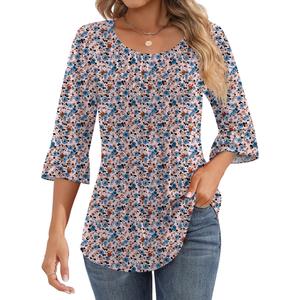 Ficerd Women's 3/4 Bell Sleeve Tops Crew Neck Pleated Shirts Trendy Dressy Casual Loose Fit Tunic Blouses(Large,Pink Blue Floral) (Pink, L)