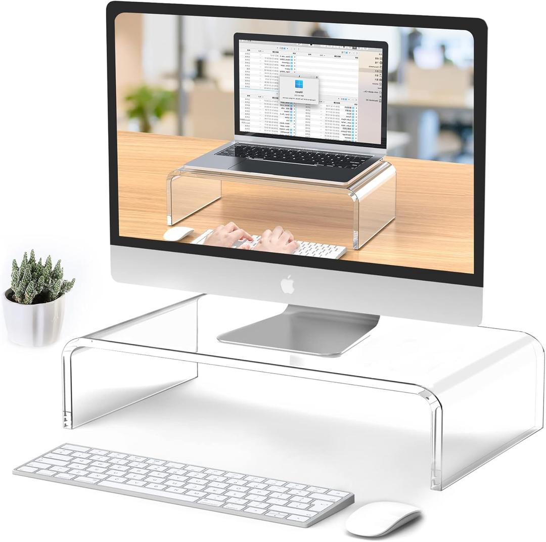 Acrylic Monitor Stand Riser Clear Laptop Stand for Desk Acrylic Monitor Riser for Desk Accessories Aesthetic Laptop Riser Clear Computer Stand White Office Supplies for Women Essentials (15'')