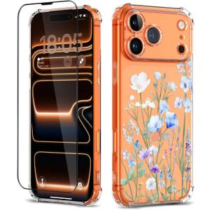 for iPhone 17 Pro Case with Screen Protector [Full Camera Protection] Flower Pattern Design,Clear Soft Shockproof Floral Phone Cover for Women Girls 2025 6.3"(Oriental Lily)