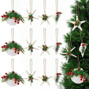 Thyle 12 Pcs Beach Christmas Ornaments Set Handmade Natural Seashell Starfish Conch Crafts with Pine Cones Berry Bell Hanging Ornaments for Home Christmas Tree Holiday Party Decoration