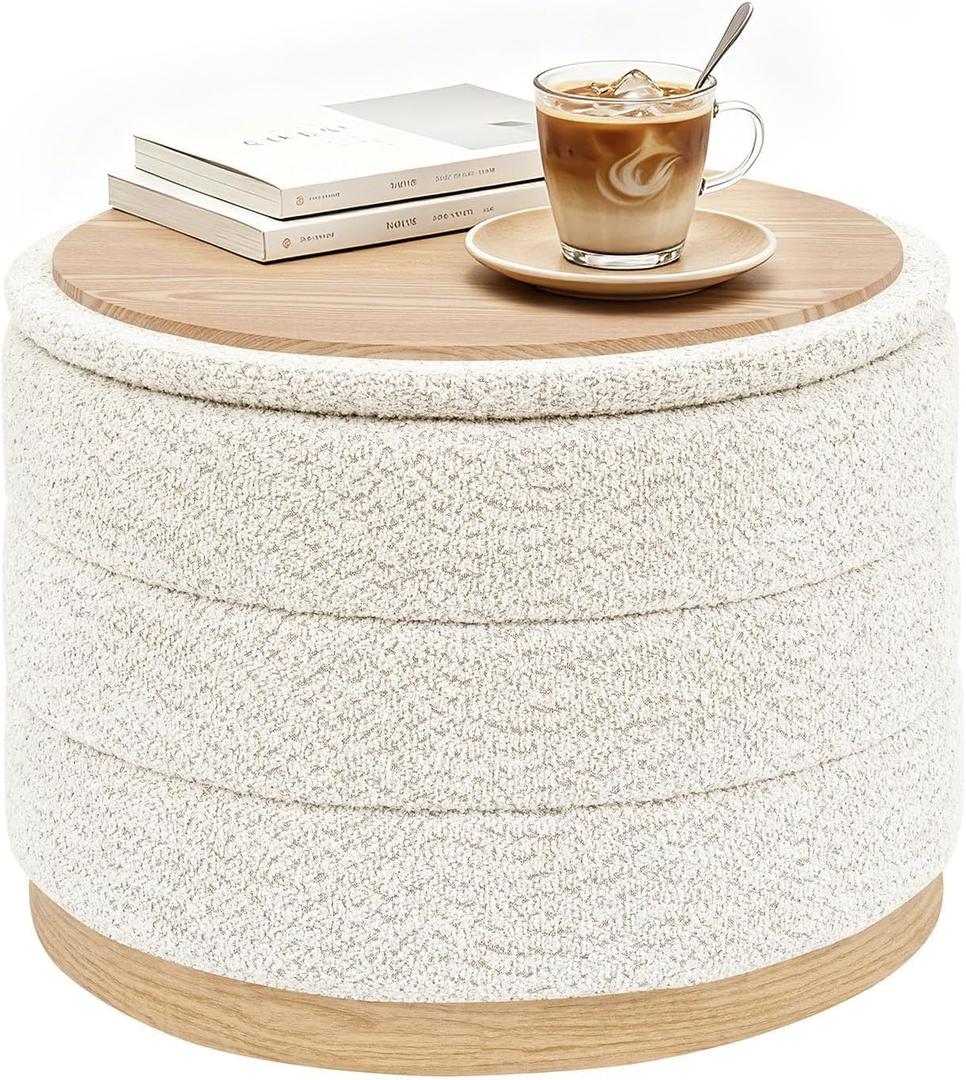 B FSOBEIIALEO Round Storage Ottoman with Tray, Folding Ottoman with Storage Coffee Table Foot Rest for Dorm Room Living Room Chenille Fabric,Wood-Grain Leather Base,White,22.83"x22.83"x17.32"