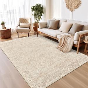 Area Rugs 5x7 for Living Room, Floral Washable Rugs for Dining Room, Bedroom, Kitchen, Vintage Non-Slip Thin Area Rug(Tan Beige, 5'x7') (5' x 7' (Rectangular))