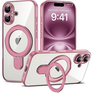 Compatible with iPhone 16 Case with Invisible Magnetic Ring Stand [Compatible with Mag-Safe] [Full Camera Lens Protector] Plating Clear Phone Case for iPhone 16 6.1", Pink