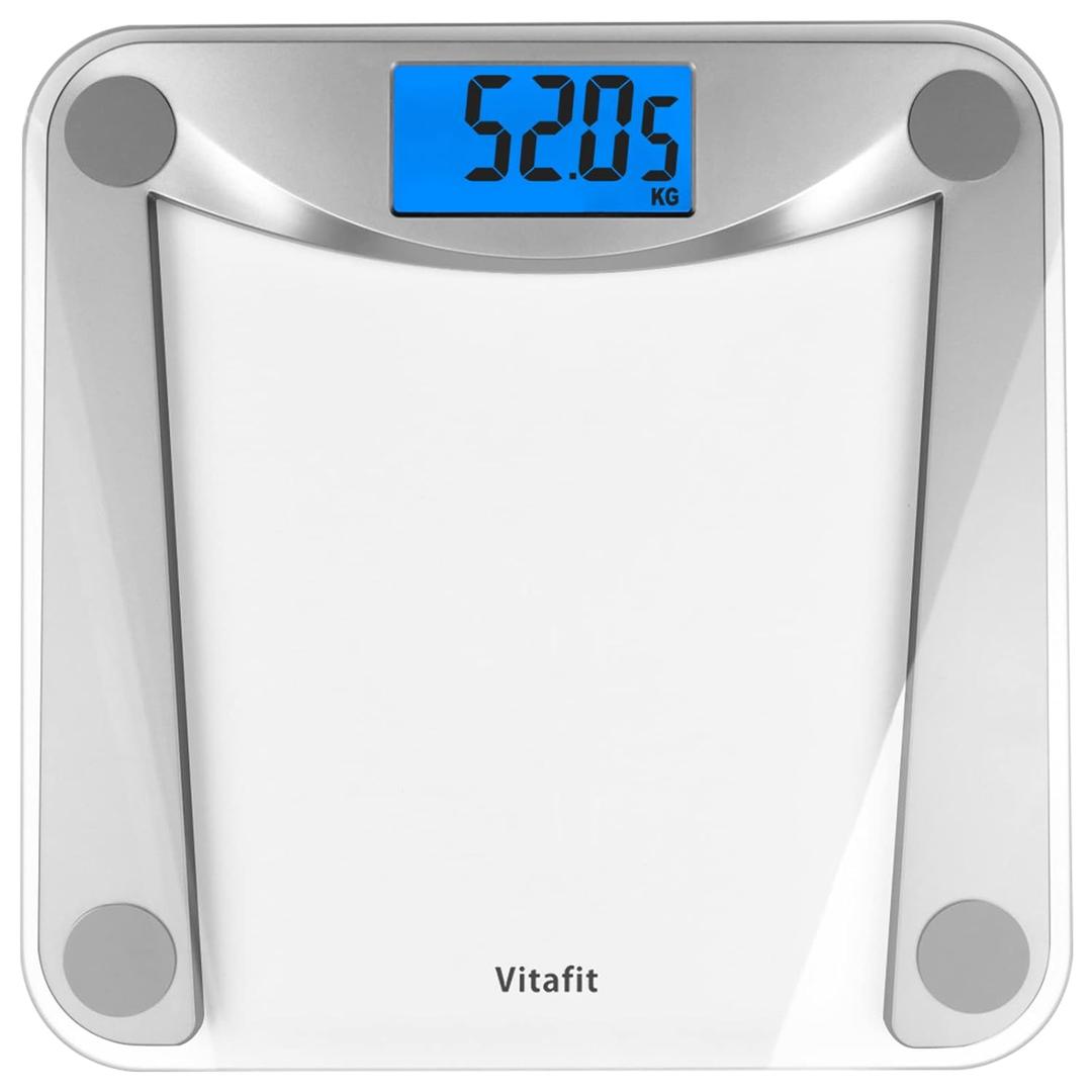 Vitafit Digital Bathroom Weight Scale for Body Weight, High Accuracy Assured by Weighing Professional Since 2001,Extra Large Blue Backlit LCD and Step-On, 400lb/182kg, Clear Glass, Silver