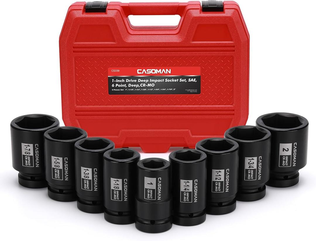 CASOMAN 1-Inch Drive Spindle Axle Nut Impact Socket Set, Deep, 1" to 2", 9PCS Impact Large Socket Set, 6-Point, SAE, CR-MO
