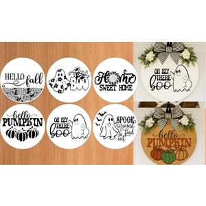 Rustic Round Wreath Sign Stencil, Seasonal Festival Welcome Door Sign, Reusable Fall&Halloween Stencils for Painting on Wood - Sweet Home/Hello Fall/Pumpkin/Ghost Patterns for Porch DIY Decorations