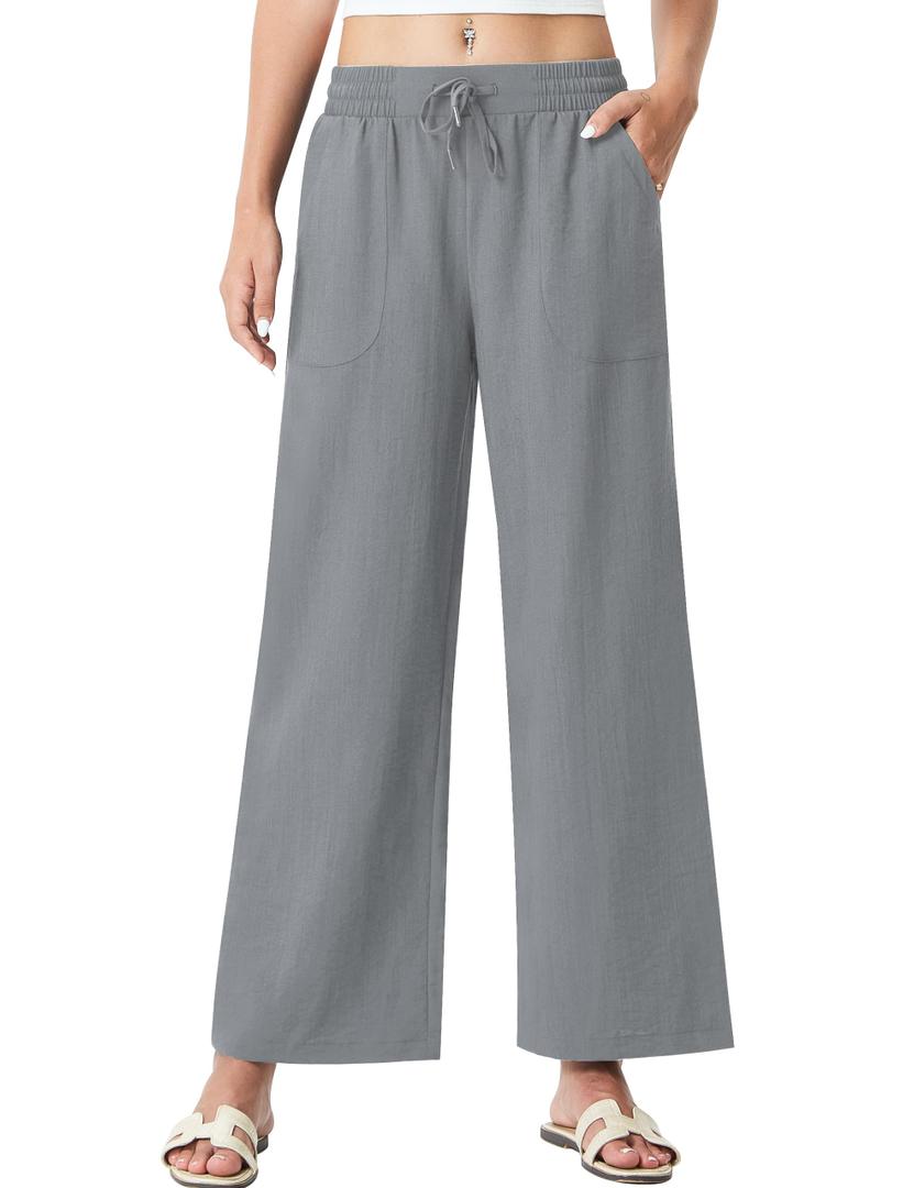 EZRUN Women's Flowy Wide Leg Travel Palazzo Pants with Zip Pocket Grey
