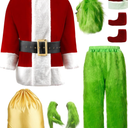 Green Christmas Costume for Men Halloween Costumes Adult Santa Costume with Mask 8PCS Deluxe Funny Cosplay Outfit, Medium 