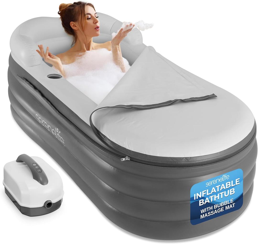 SereneLife Inflatable Bathtub with Bubble Massage Mat, Non-Slip, Backrest Support, Includes Pillow, Cup Holder, Remote Control, Easy Storage, PVC Material, Supporting Up To 345 lbs., 66"x30"x26 (Gray)