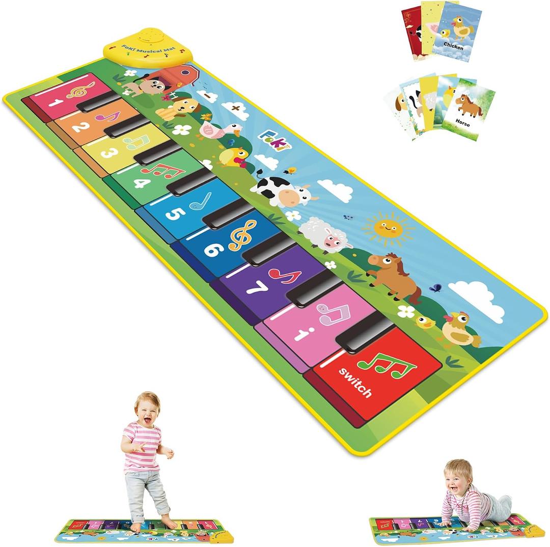 FOKI Floor Piano Mat for Toddlers, Sensory Educational Dancing Musical Keyboard Carpet Toy, Animal Sounds Touch Playmat Blanket, for 1 to 5 Years Old Boy and Girl, 39*14 Inch