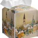 Grace Yonks Christmas Tissue Box Cover Square, Church and Village Lights Design Cube Case for Facial Tissues, 5.2" PU Leather. (090)