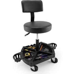 Rolling Shop Stool with Wheels, Mechanic Chair Garage Stool with Backrest, 20.08" to 25.59"